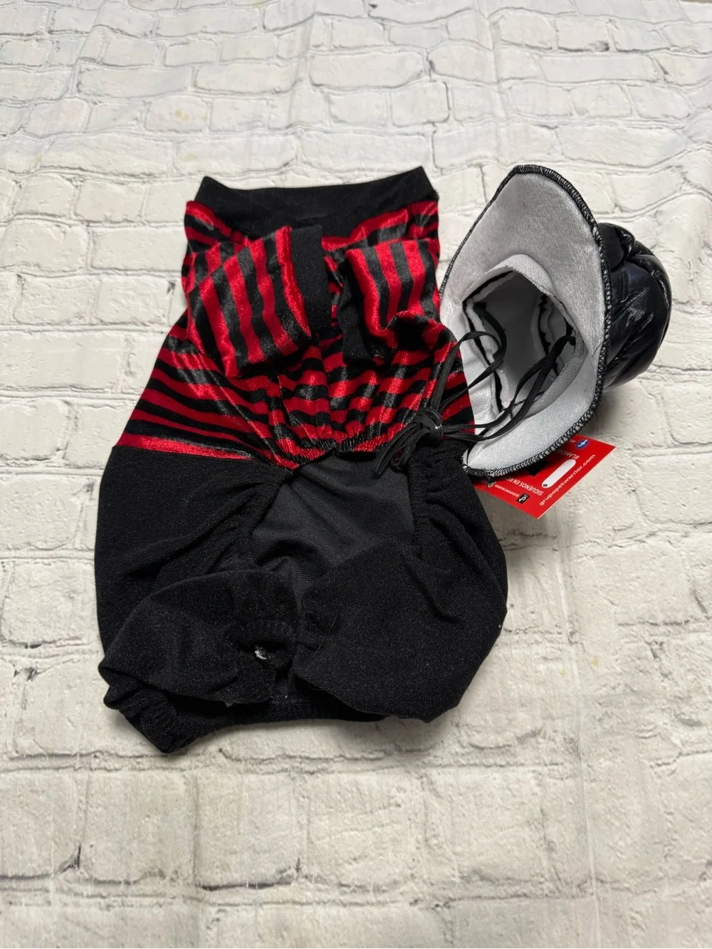 Pet Warrior Dog Red and Black Striped Costume with Black Hat. Halloween costume.